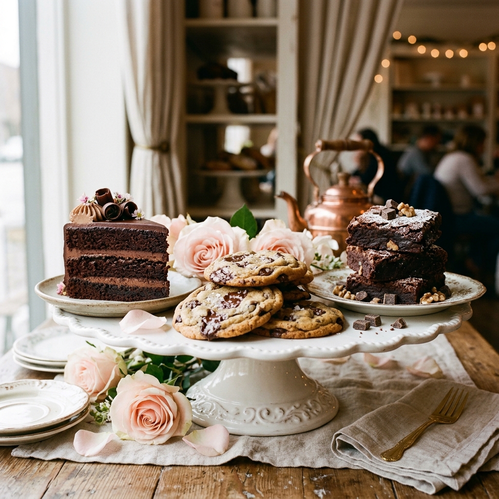 Gela's Sweet Bites assortment: custom chocolate cake, brownies, and cookies